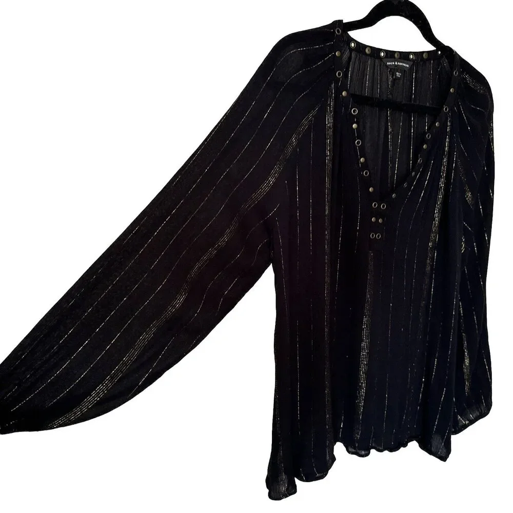 Metallic Striped Top  Night Blouse Black Gold Long Sleeve V-neck Women’s Size L - Picture 3 of 14